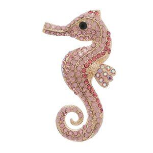 Pink & Iridescent Rhinestone Seahorse Brooch Pin Gold Tone